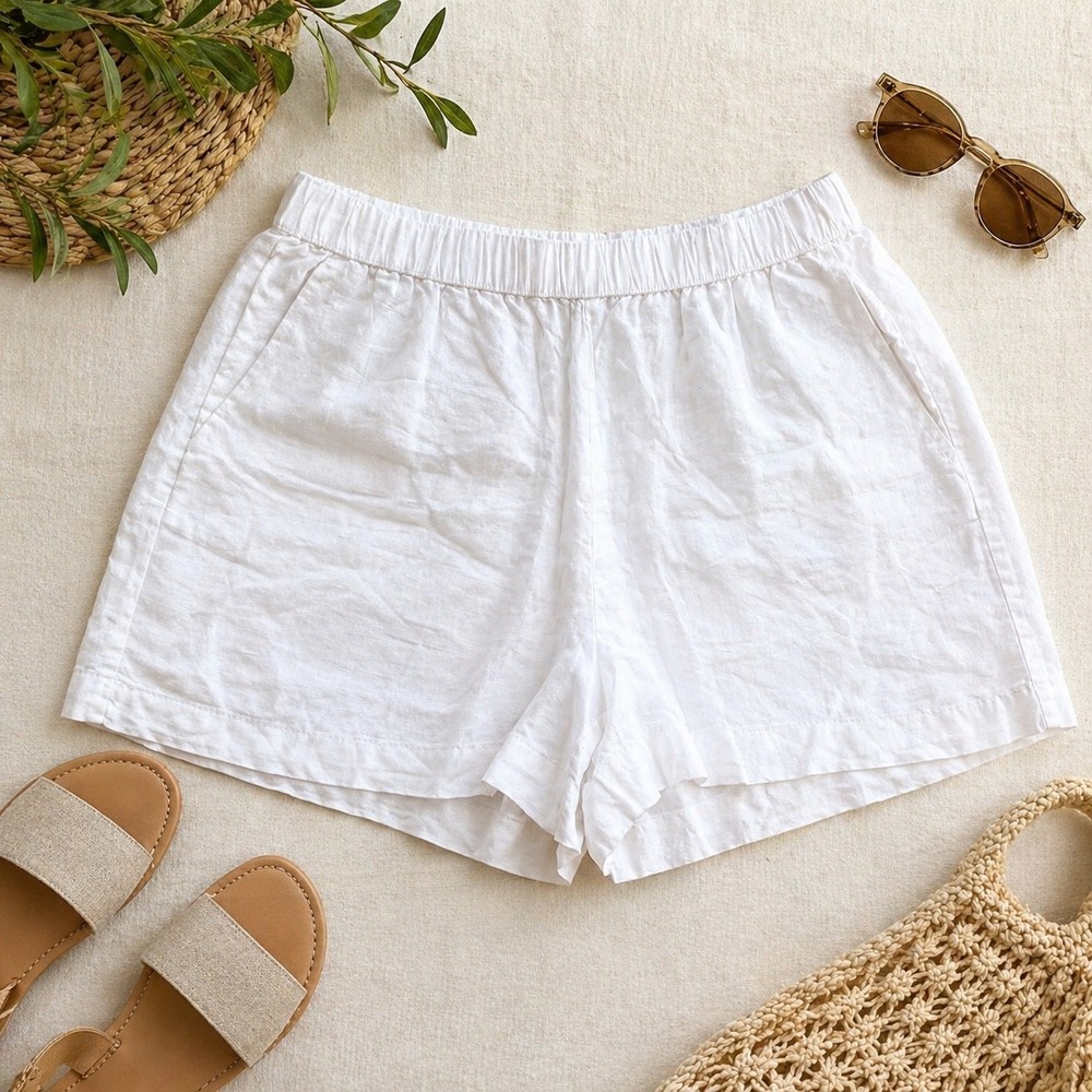 Premise Petite White 100% Linen Shorts Elastic Waist Side Pockets Size PS NWT